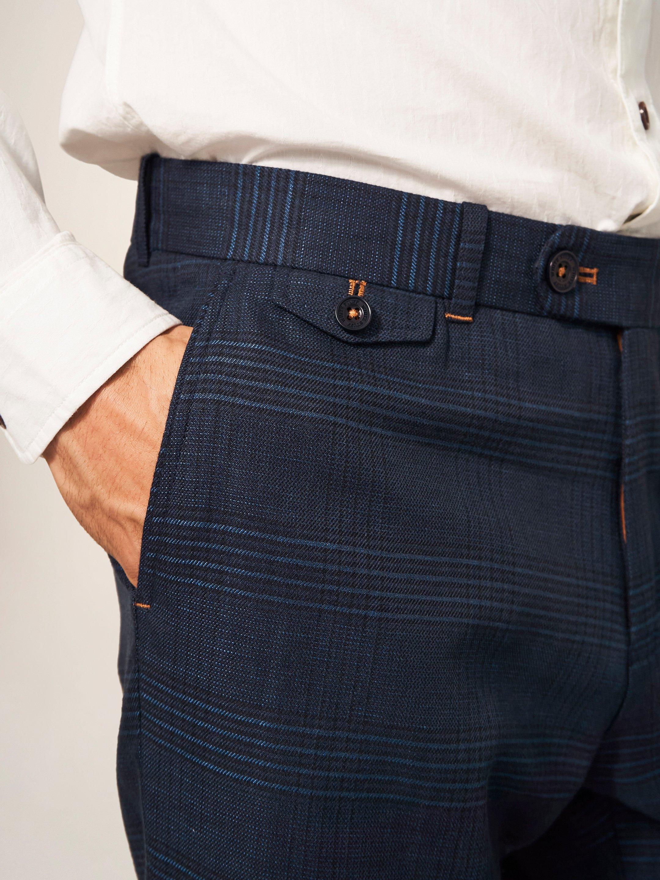 Harrison Check Trouser in DEEP BLUE - MODEL DETAIL