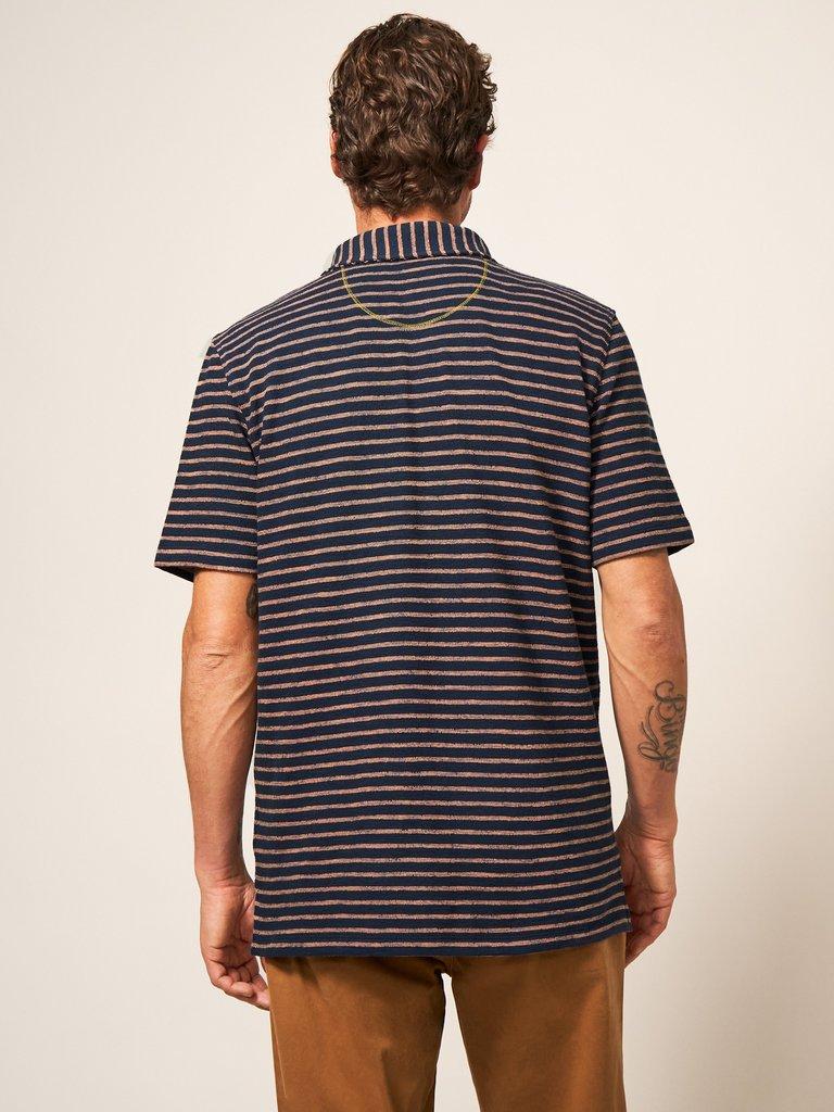 Fine Stripe Cotton Polo Shirt in DARK NAVY - MODEL BACK