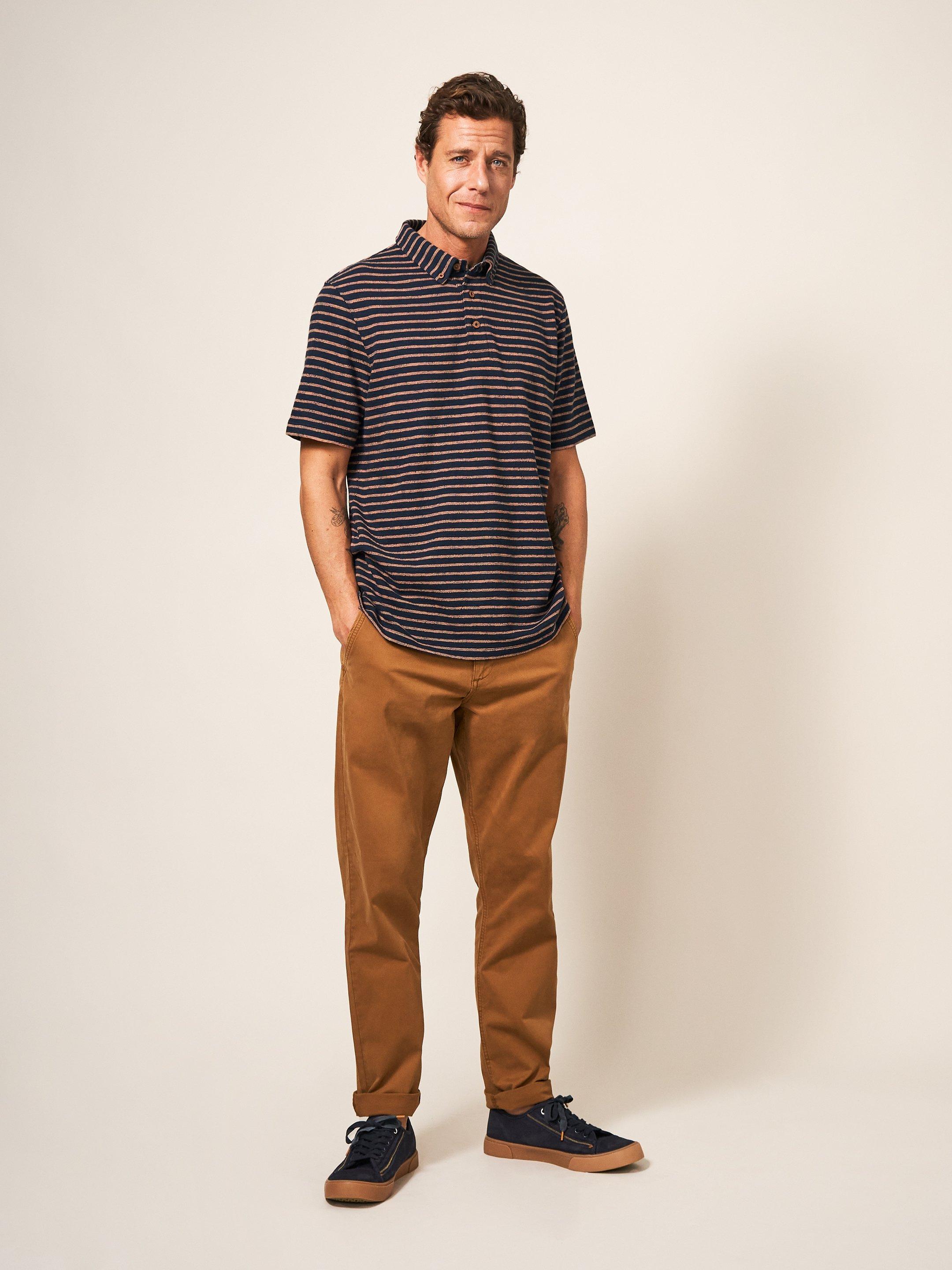 Fine Stripe Cotton Polo Shirt in DARK NAVY - MODEL FRONT