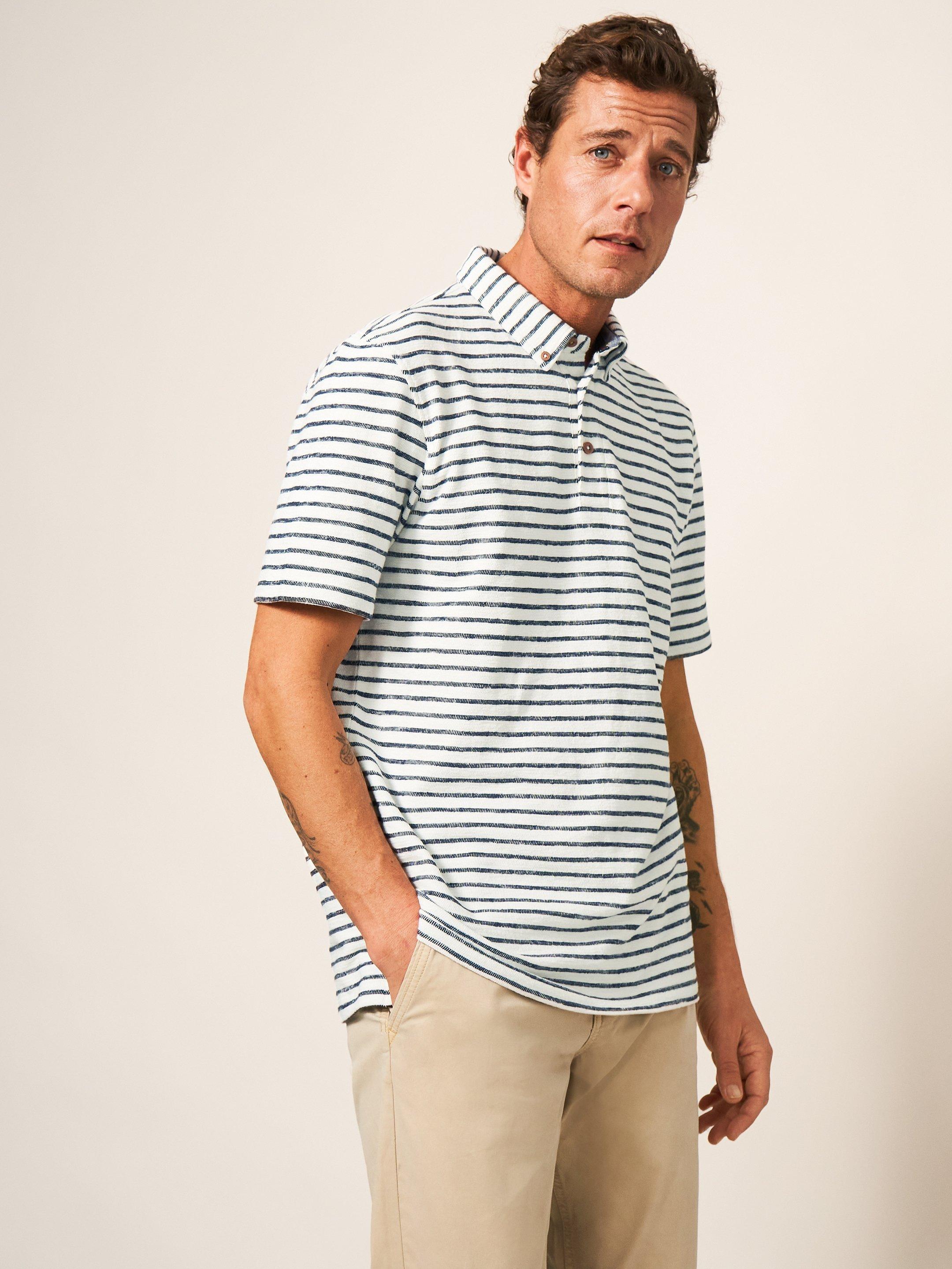 Fine Stripe Cotton Polo Shirt in NAT WHITE - LIFESTYLE