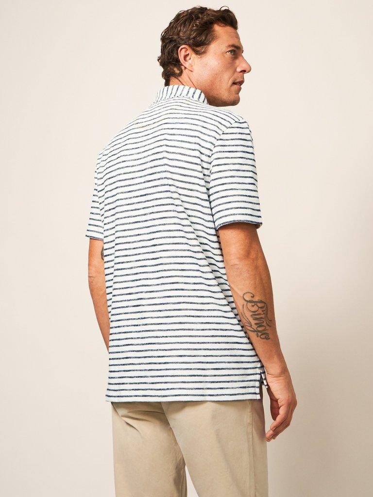 Fine Stripe Cotton Polo Shirt in NAT WHITE - MODEL BACK