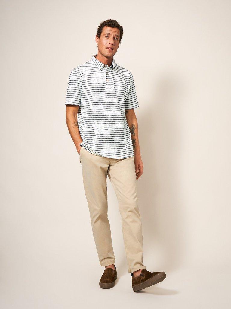 Fine Stripe Cotton Polo Shirt in NAT WHITE - MODEL FRONT