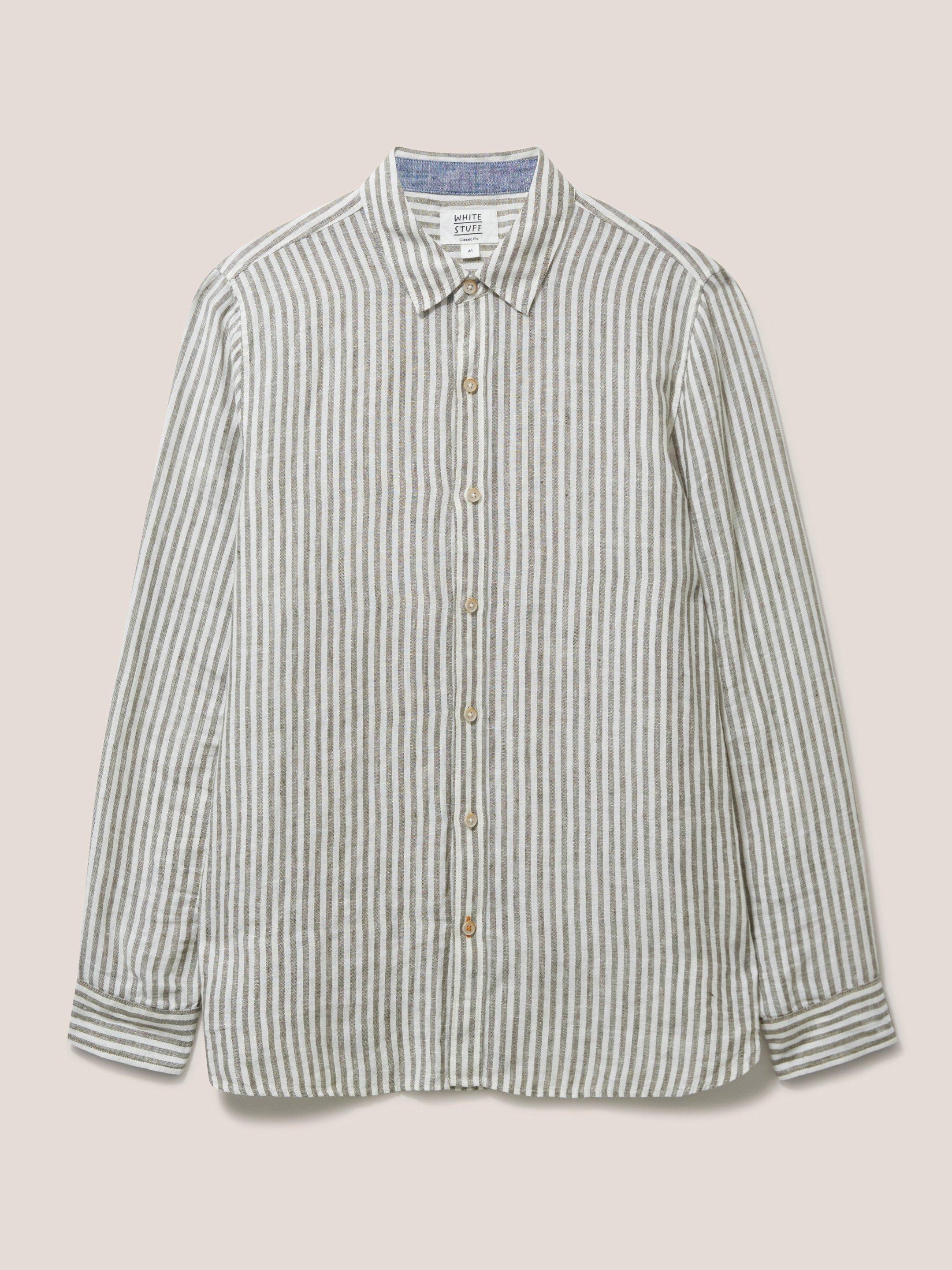 Pembroke LS Stripe Linen Shirt in KHAKI GRN - FLAT FRONT