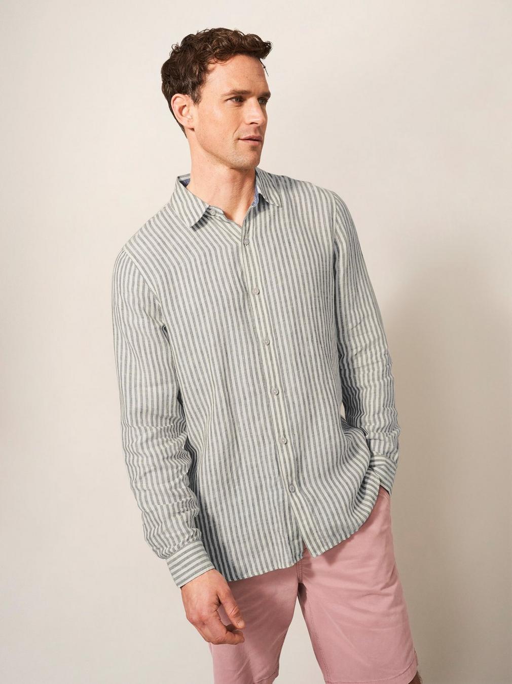 Pembroke LS Stripe Linen Shirt in KHAKI GRN - LIFESTYLE