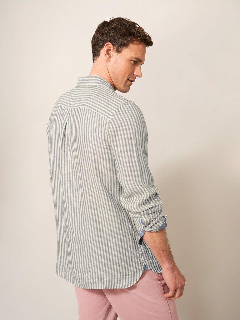 Pembroke LS Stripe Linen Shirt in KHAKI GRN - MODEL BACK