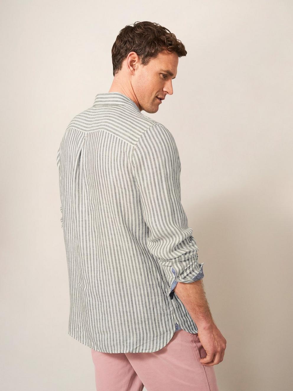 Pembroke LS Stripe Linen Shirt in KHAKI GRN - MODEL BACK