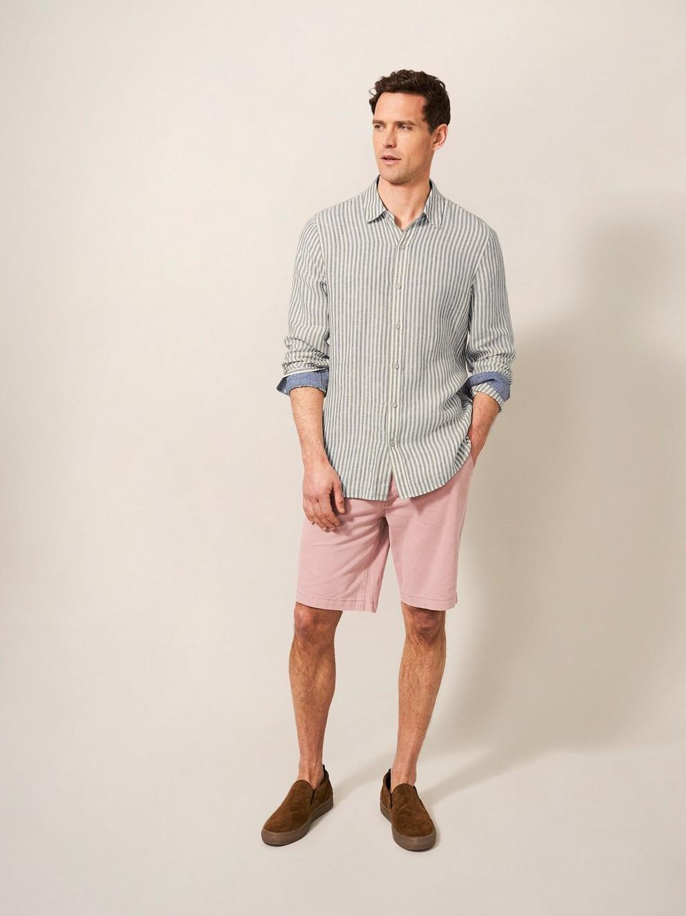 Pembroke LS Stripe Linen Shirt in KHAKI GRN - MODEL FRONT