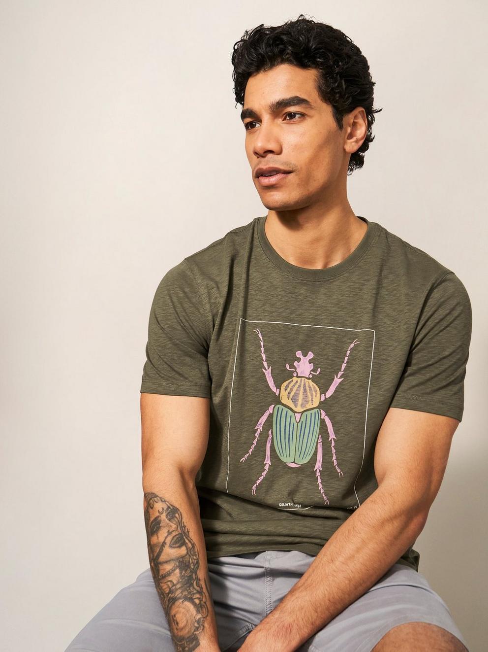 Goliath Beetle Graphic Tee in KHAKI GRN - MODEL DETAIL