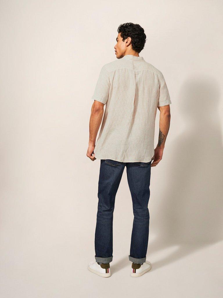 Pembroke SS Stripe Linen Shirt in DUS PINK - MODEL BACK