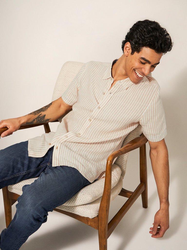 Pembroke SS Stripe Linen Shirt in DUS PINK - MODEL DETAIL