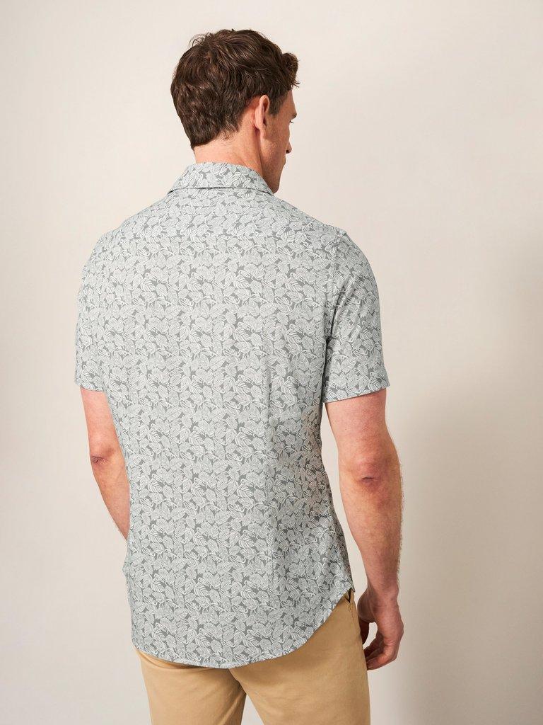 Leaf Printed Slim Fit Shirt in DUS GREEN - MODEL BACK