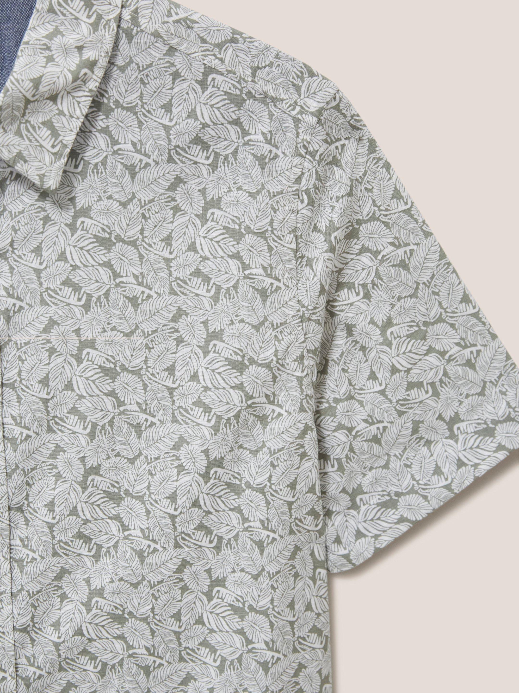 Leaf Printed Slim Fit Shirt in DUS GREEN - MODEL DETAIL