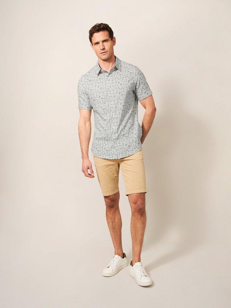 Leaf Printed Slim Fit Shirt in DUS GREEN - MODEL FRONT