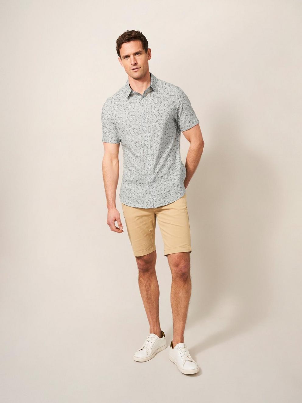 Leaf Printed Slim Fit Shirt in DUS GREEN - MODEL FRONT