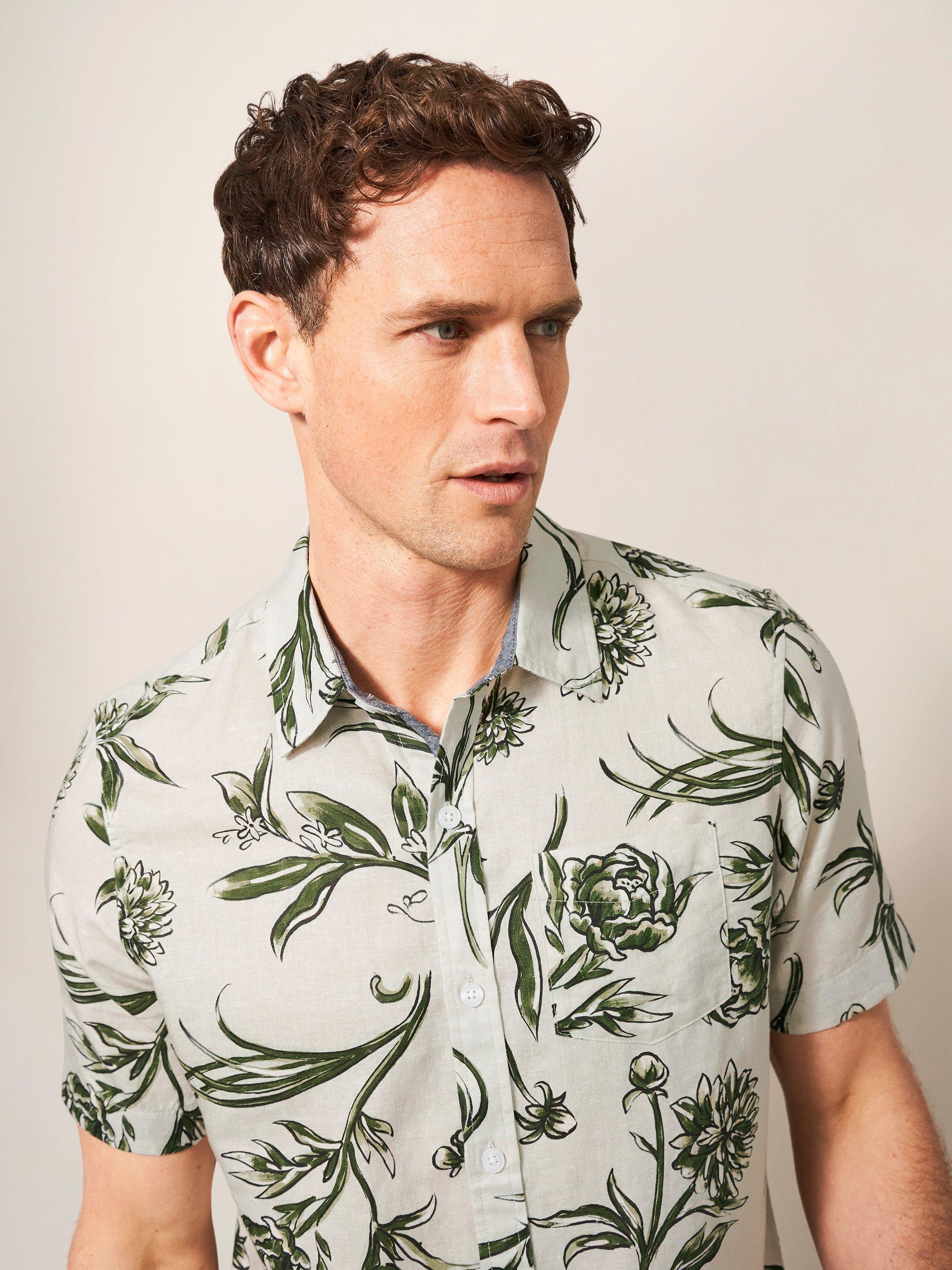 Painted Floral Shirt in KHAKI GRN - MODEL DETAIL