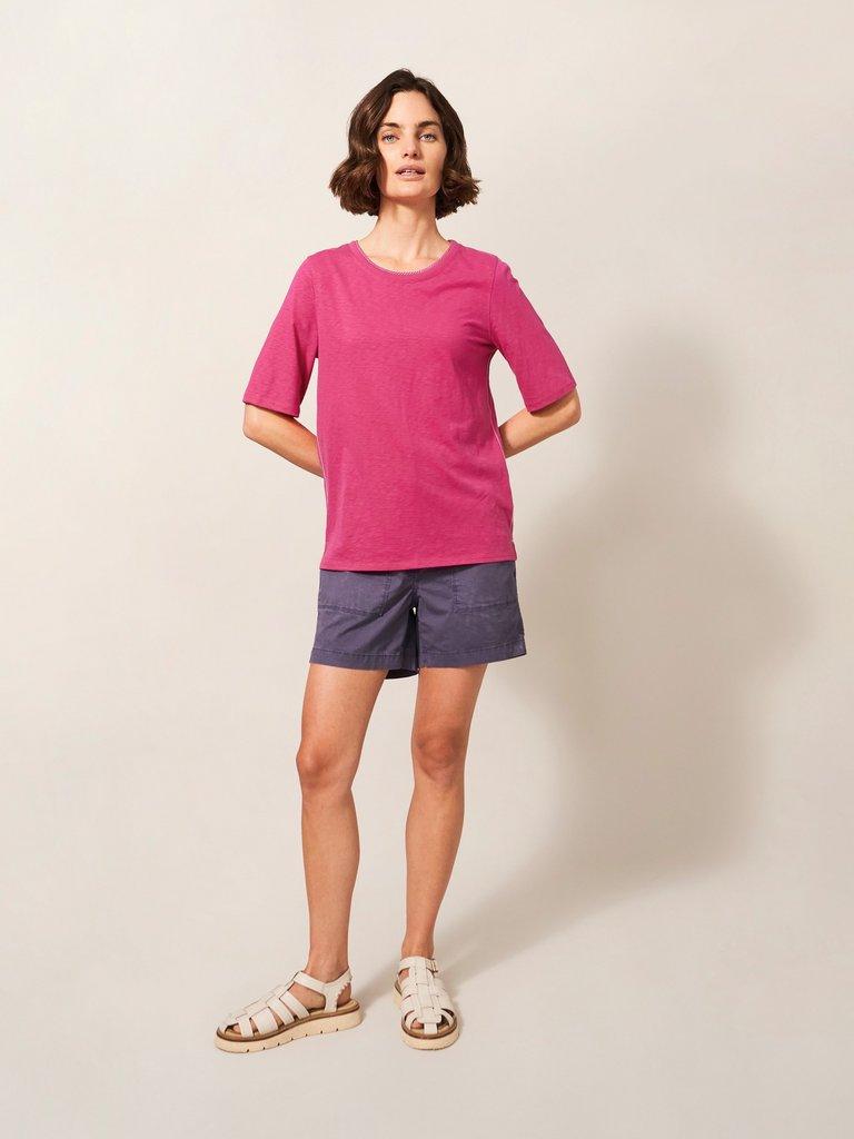 Annabel Cotton Tee in BRT PINK - MODEL FRONT