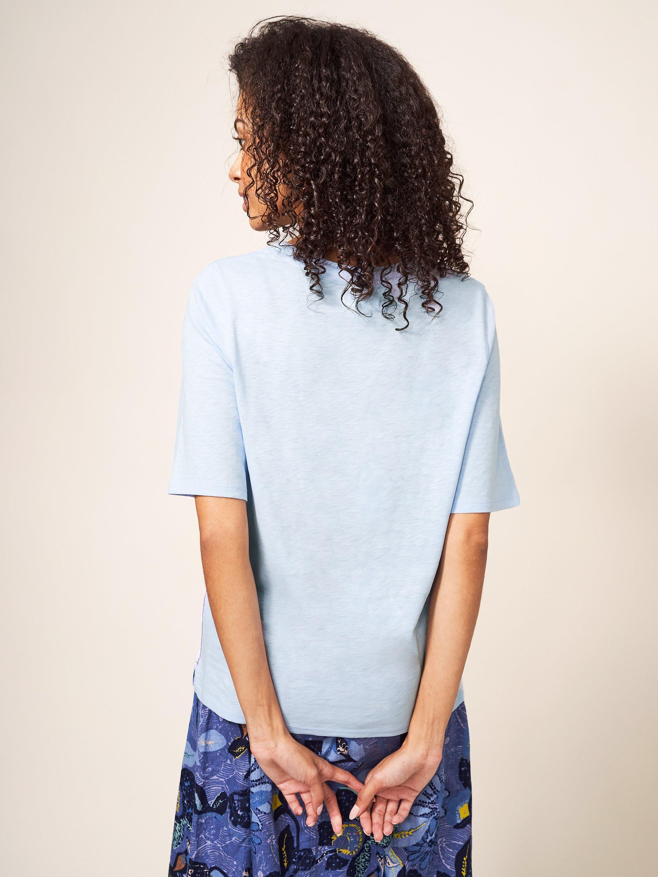 Annabel Fairtrade Cotton Tee in LGT BLUE - MODEL BACK