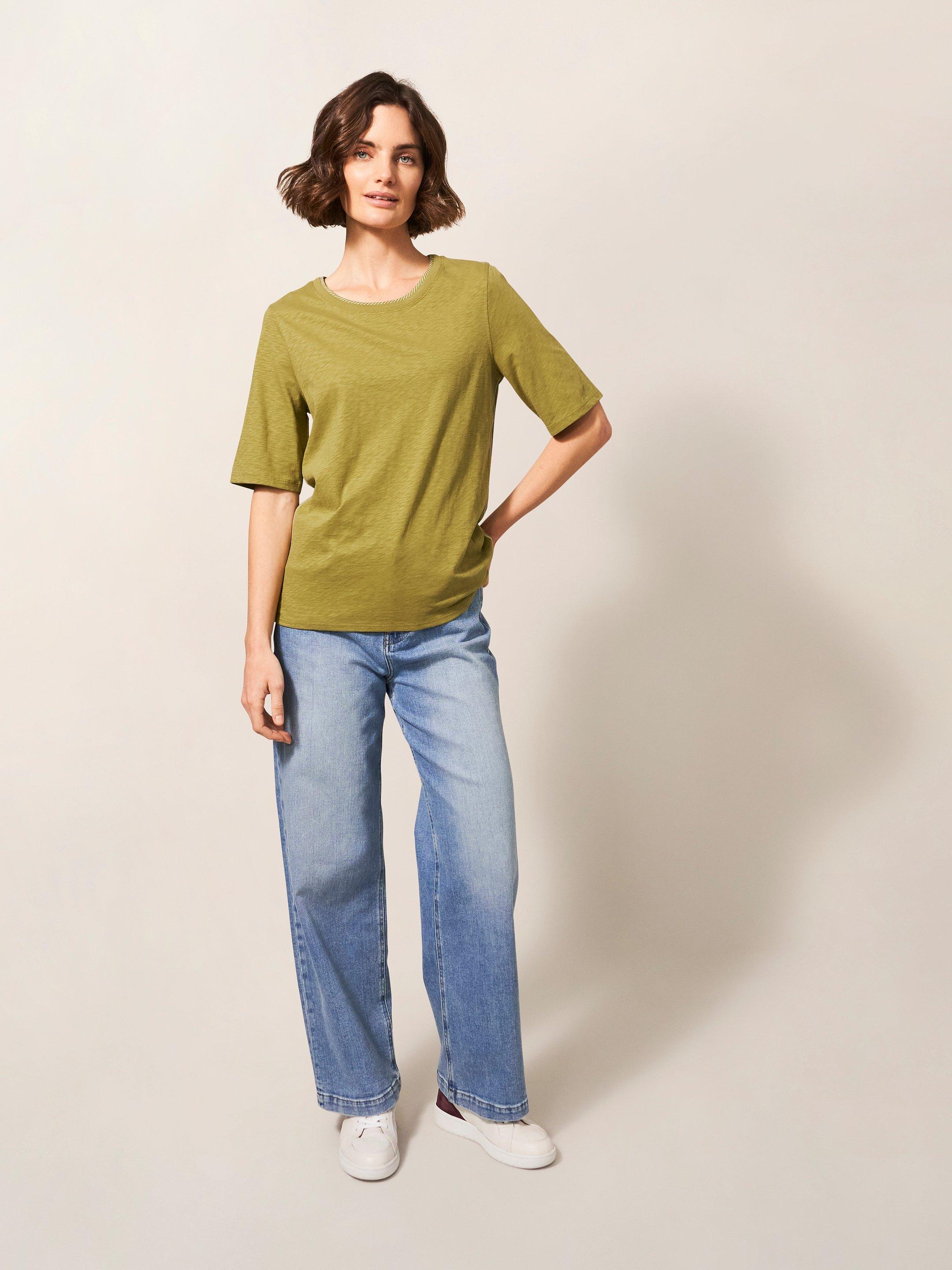 Annabel Fairtrade Cotton Tee in MID GREEN - MODEL FRONT