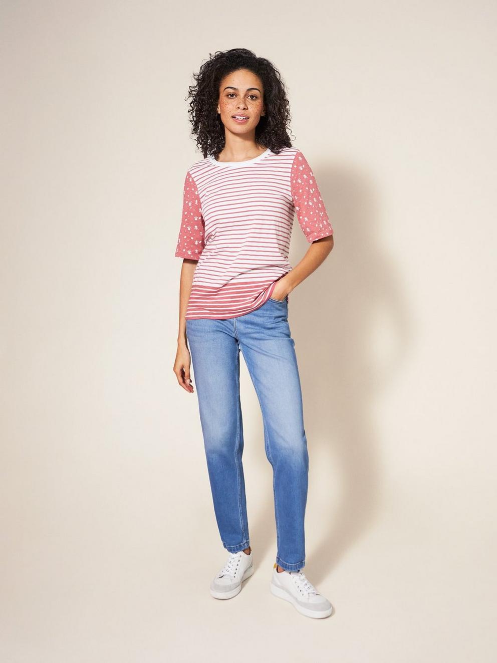 ANNABEL STRIPE TEE in PINK MLT - MODEL FRONT