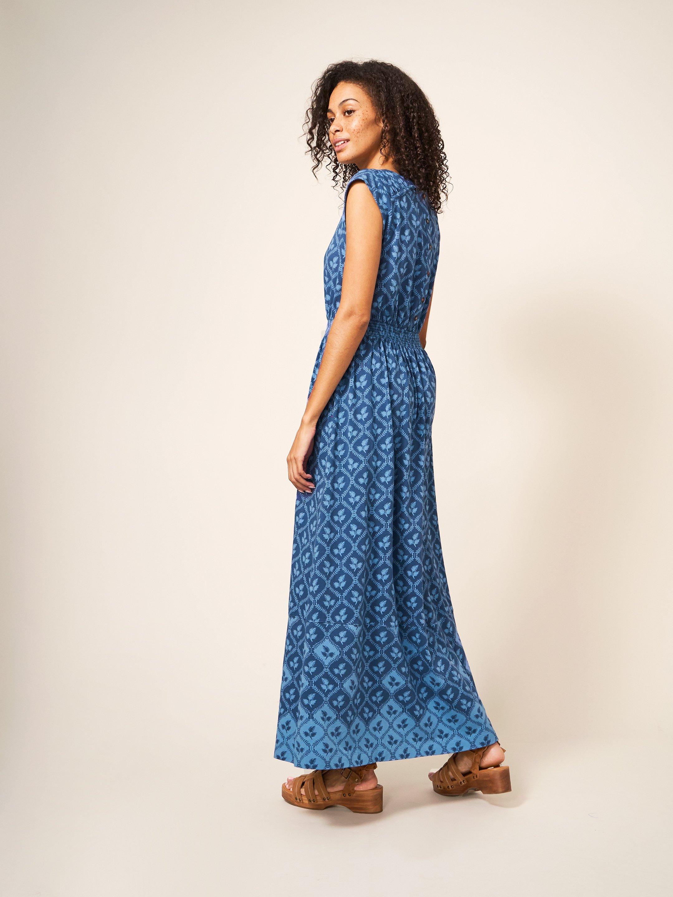 Darcie Jersey Dress in NAVY MULTI - MODEL BACK