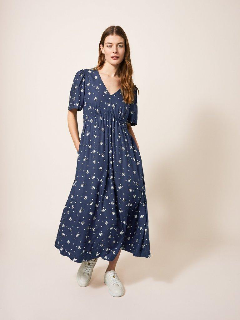 Lucy Dress in NAVY MULTI - MODEL FRONT