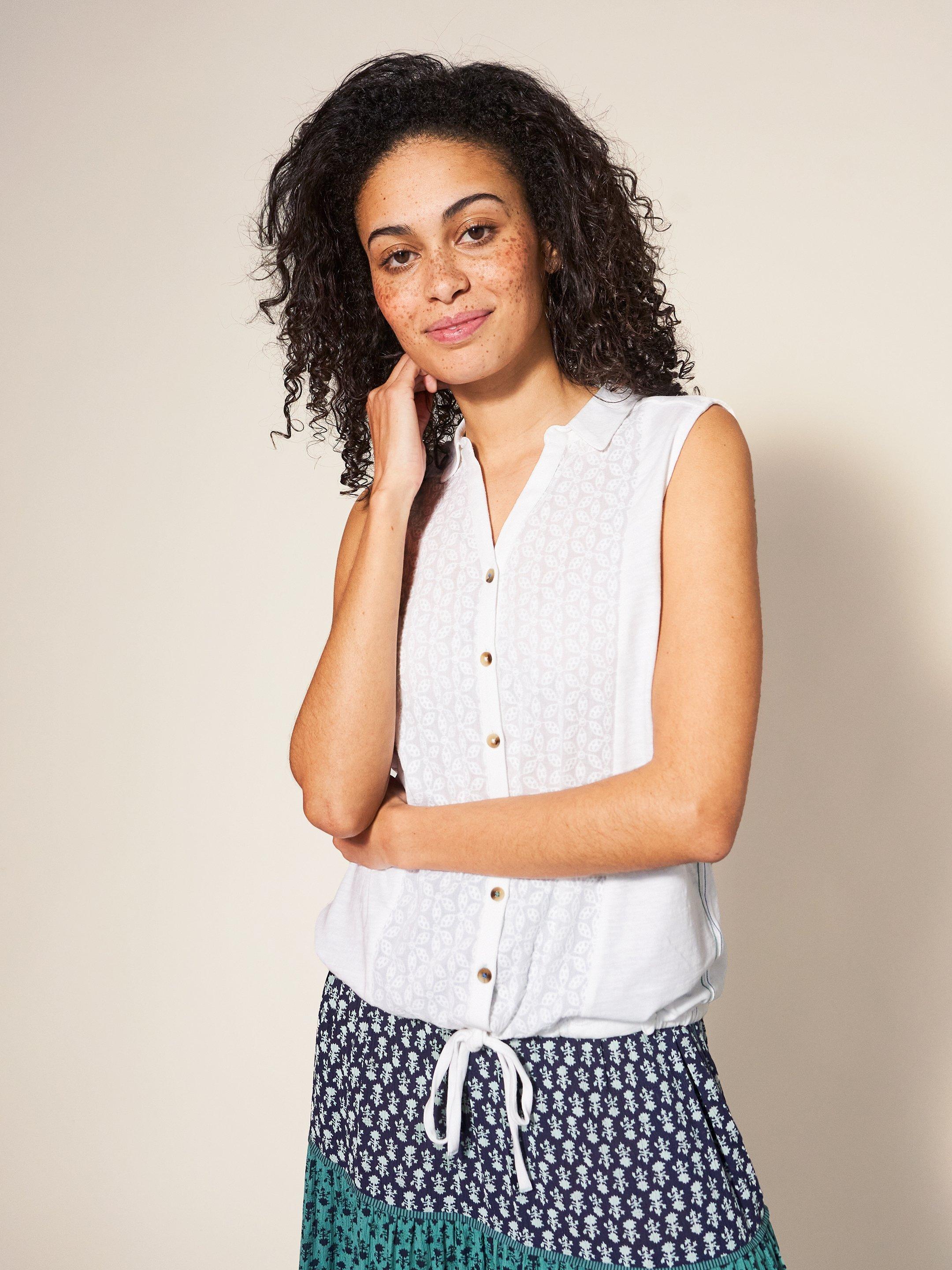 Flowing Grasses Sleeveless Jersey Shirt in BRILLIANT WHITE White Stuff