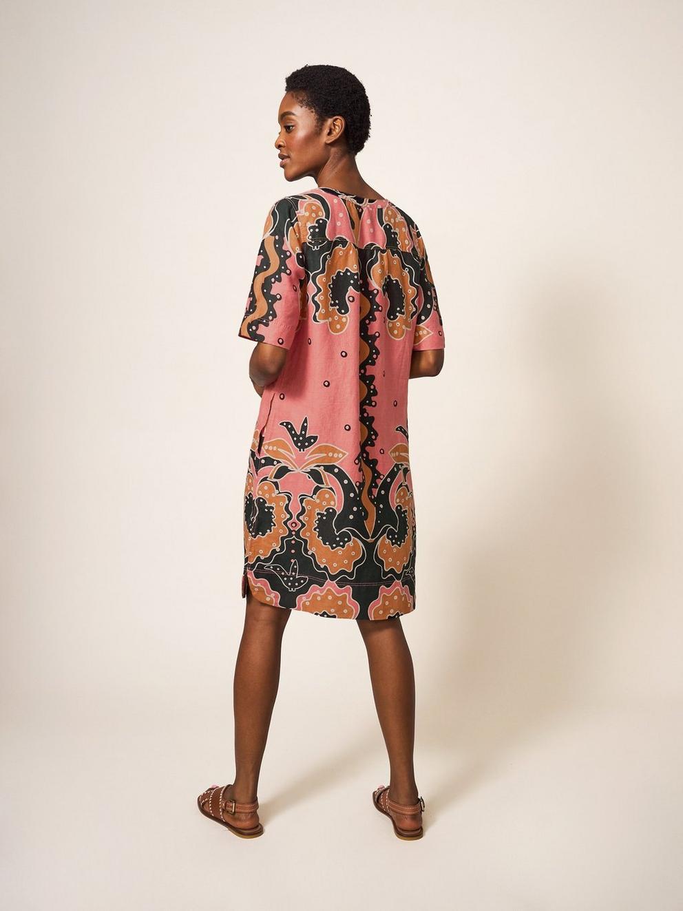 June Linen Dress in PLUM MLT - MODEL BACK