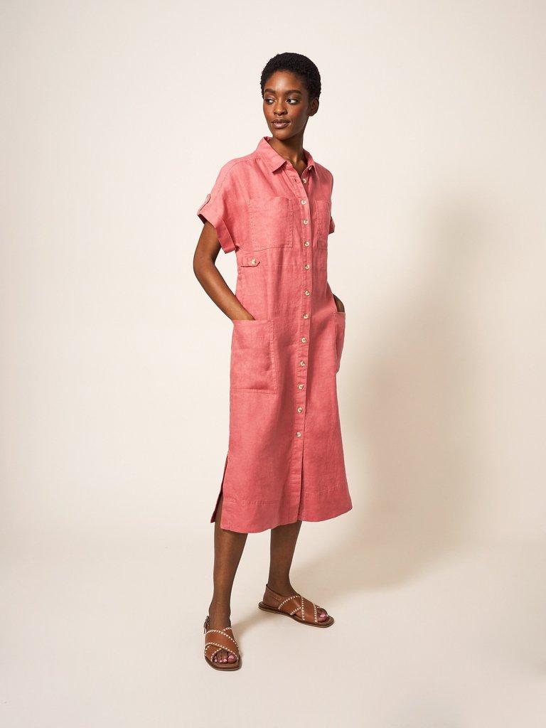 Reno Linen Midi Shirt Dress in MID PLUM - MODEL FRONT