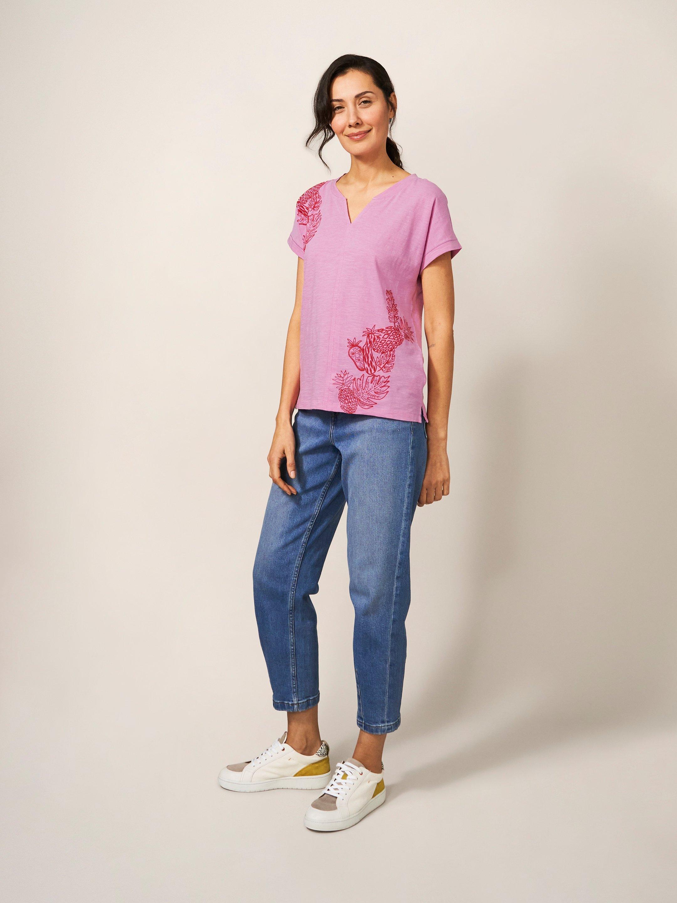 Nelly Organic Cotton Embroidered Tee in PINK MLT - MODEL FRONT
