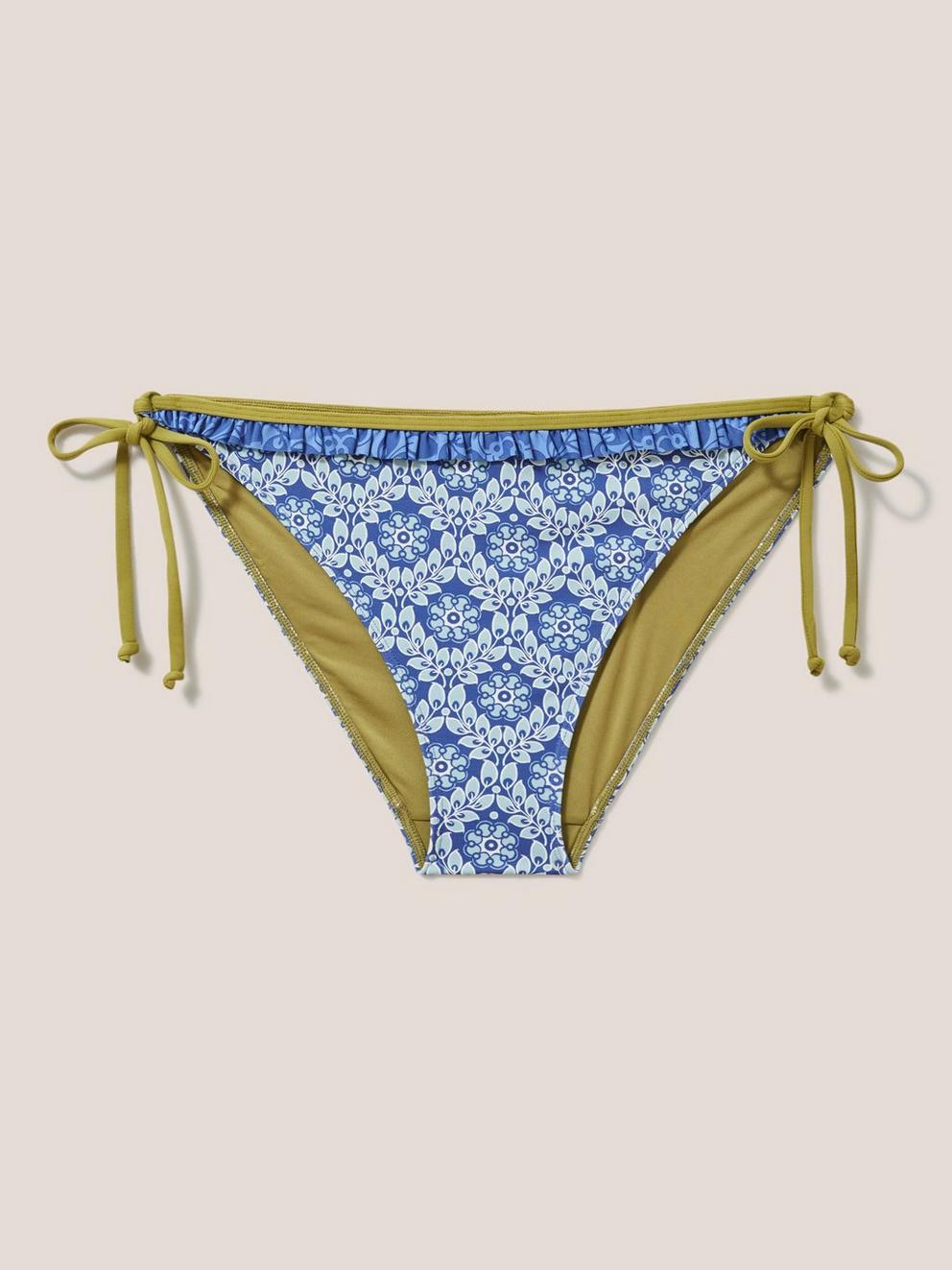 Beth Tie Side Bikini Bottom in BLUE MLT - FLAT FRONT