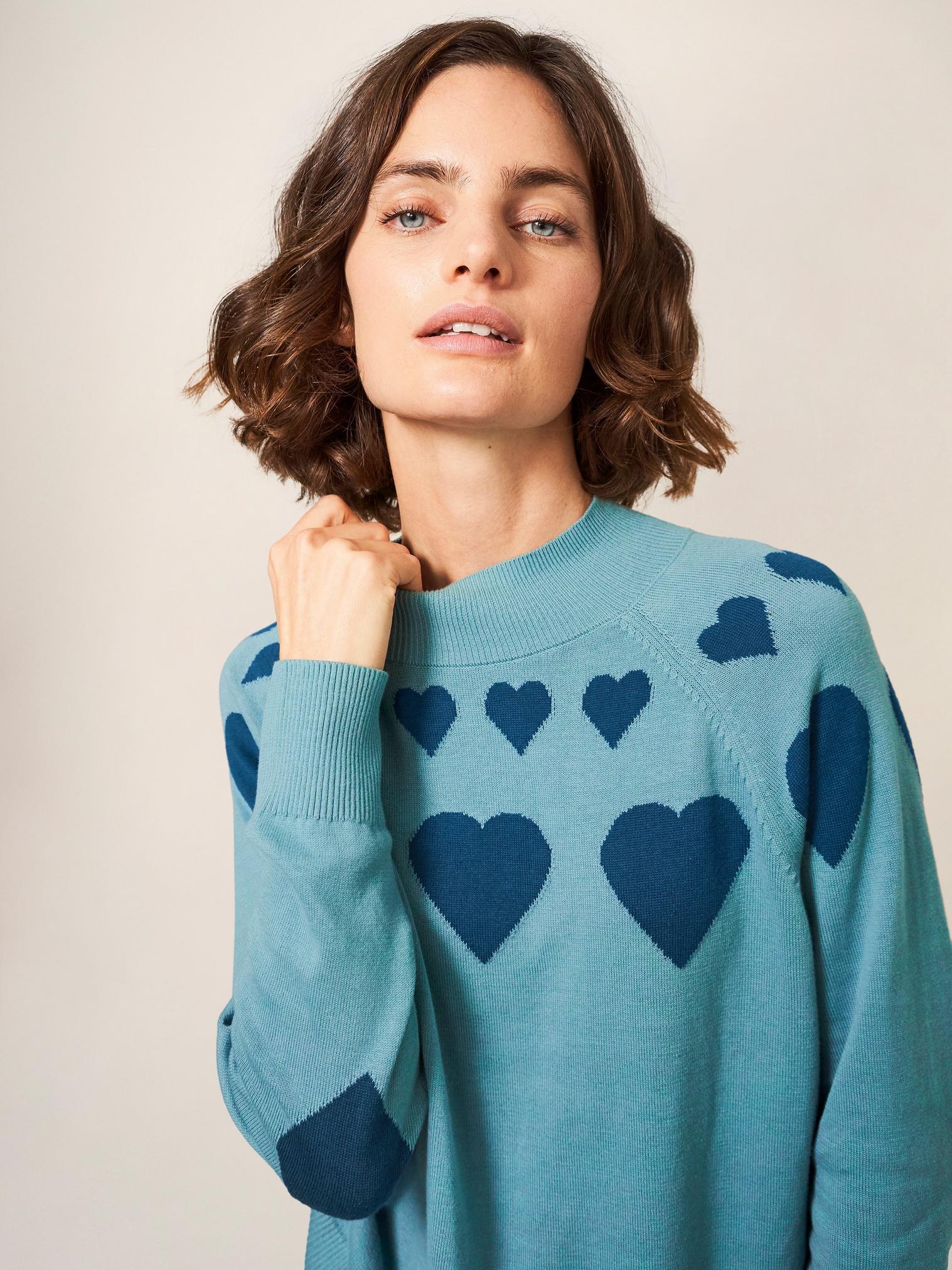 HEART NECK JUMPER in TEAL MLT - LIFESTYLE