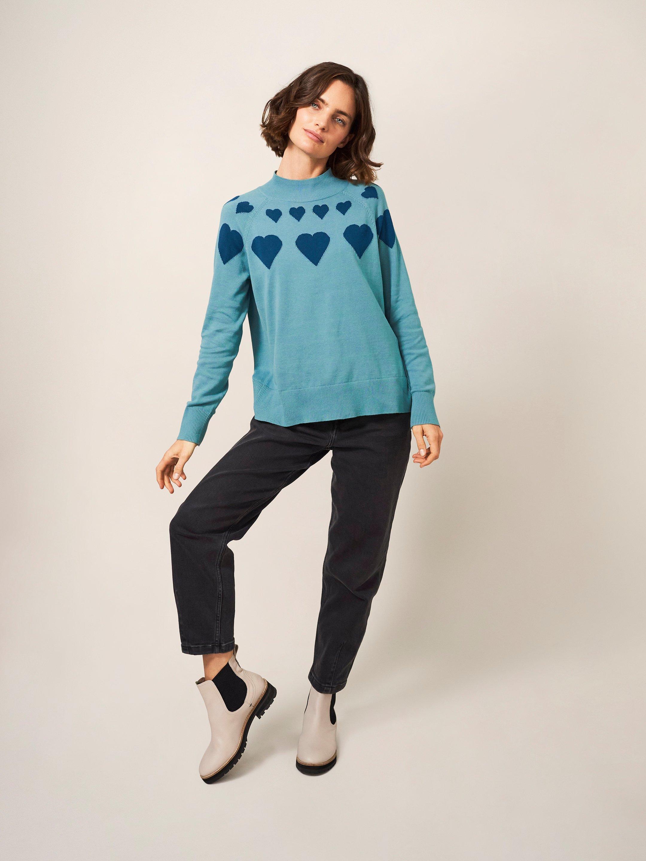 HEART NECK JUMPER in TEAL MLT - MODEL FRONT