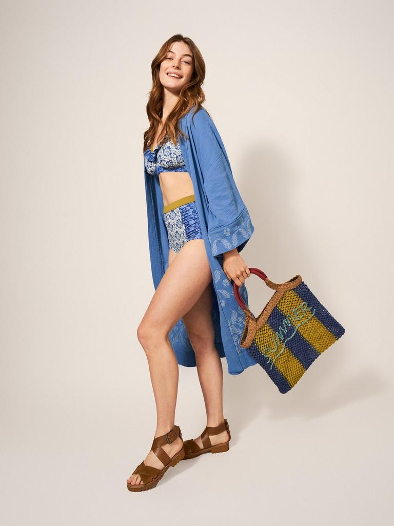 Kaylee Embroidered Kimono in MID BLUE - MODEL FRONT