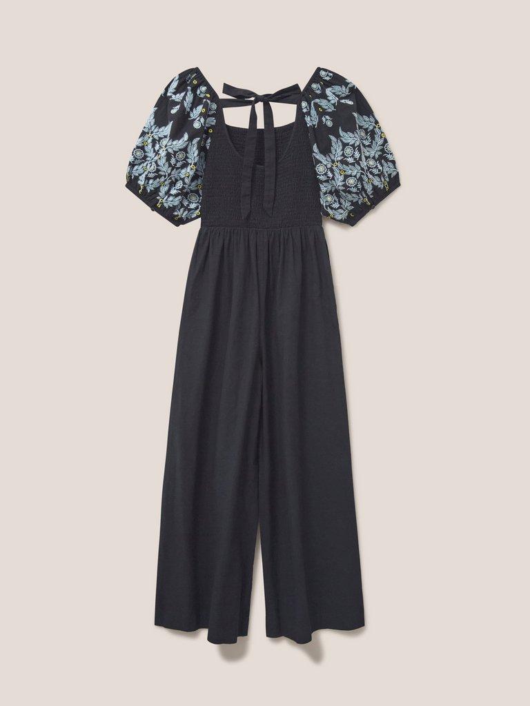 Reese Embroidered Jumpsuit in PURE BLK - FLAT BACK