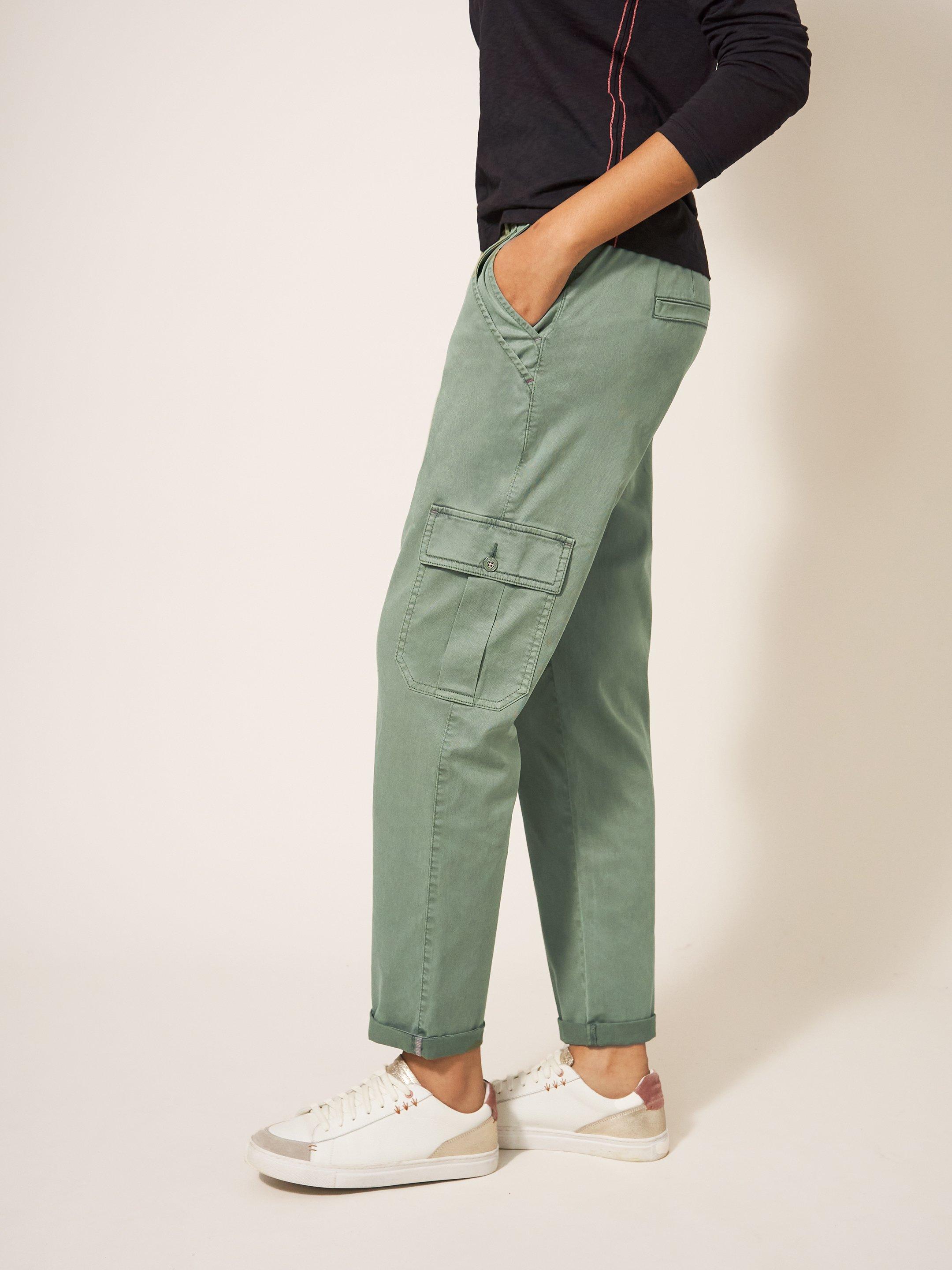 Everleigh Cargo Trouser in MID GREEN - MODEL DETAIL