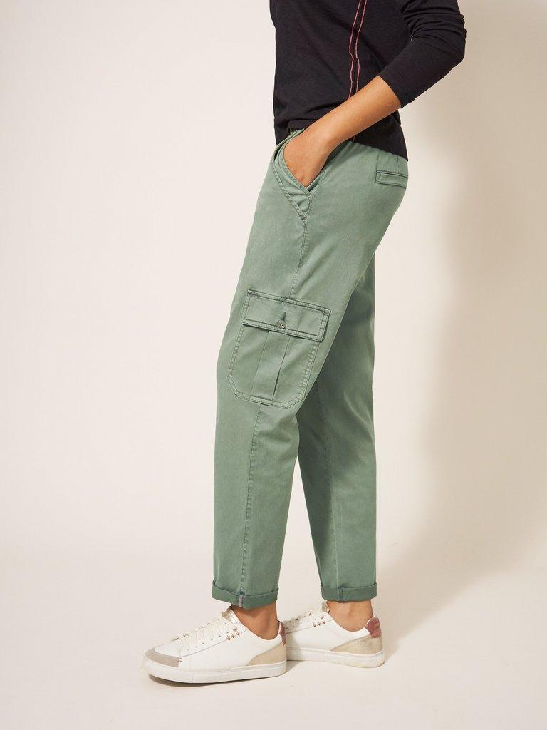 Everleigh Cargo Trouser in MID GREEN - MODEL DETAIL