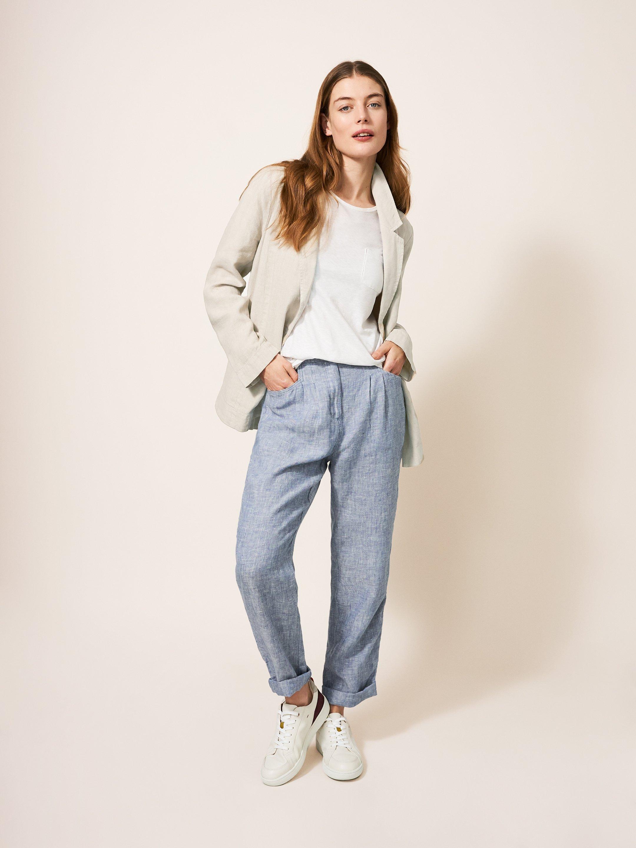 Scarlett Linen Blend Blazer in LGT NAT - MODEL FRONT