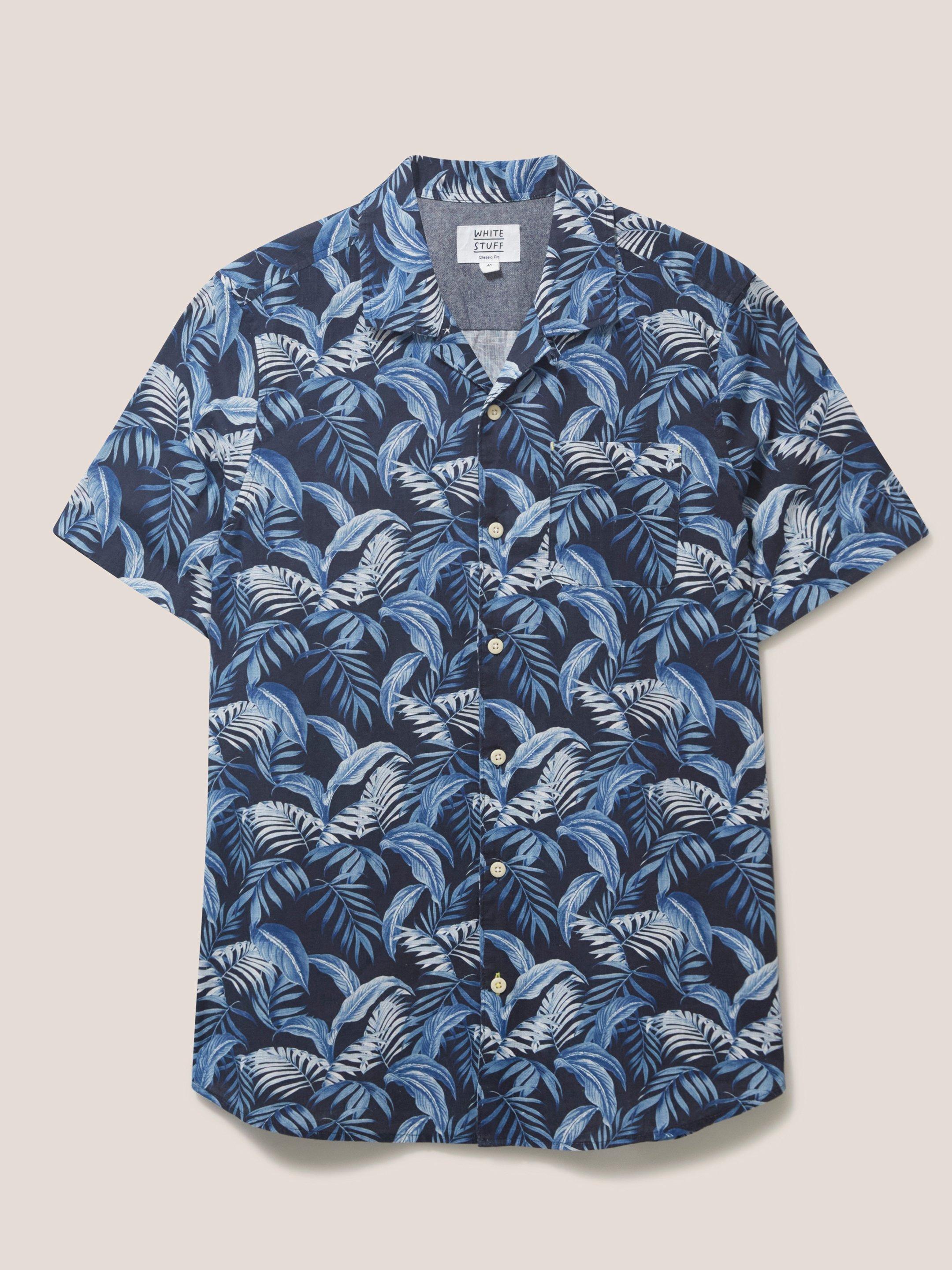 Palm Leaf Printed SS Shirt in DARK NAVY - FLAT FRONT
