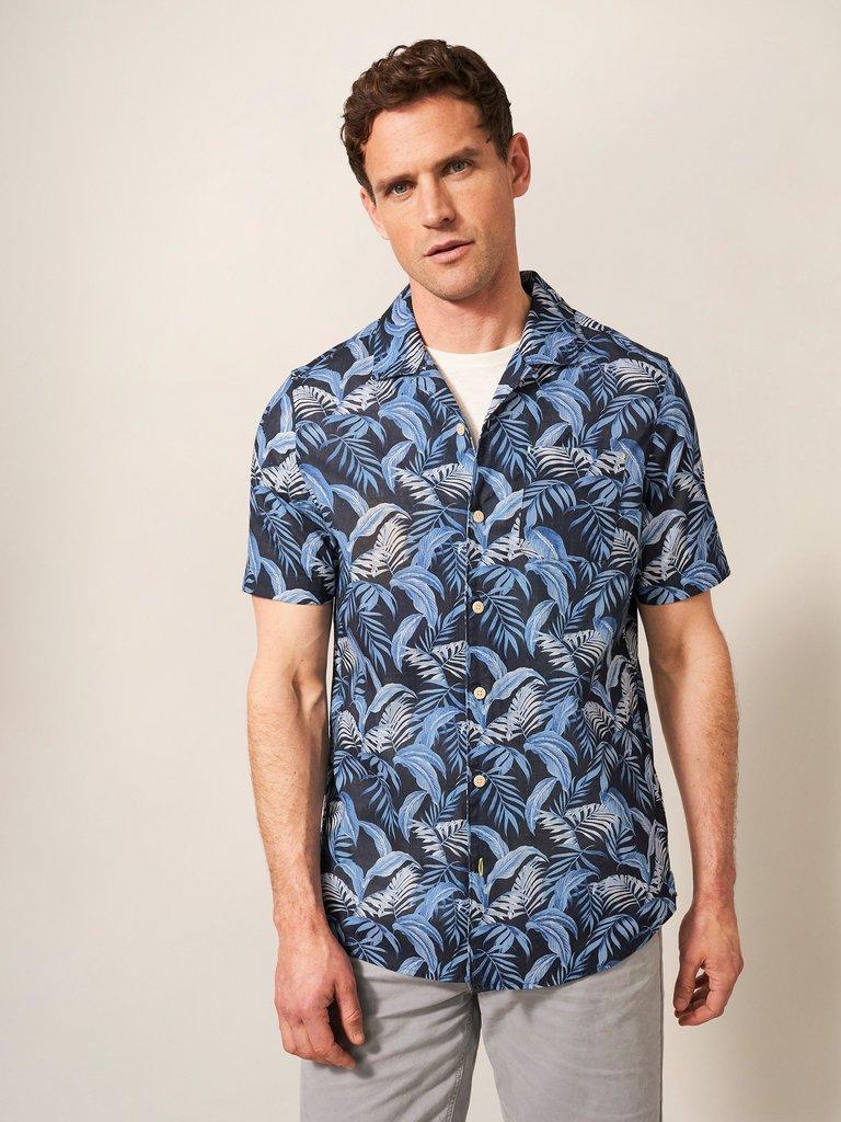 Palm Leaf Printed SS Shirt in DARK NAVY - MODEL DETAIL