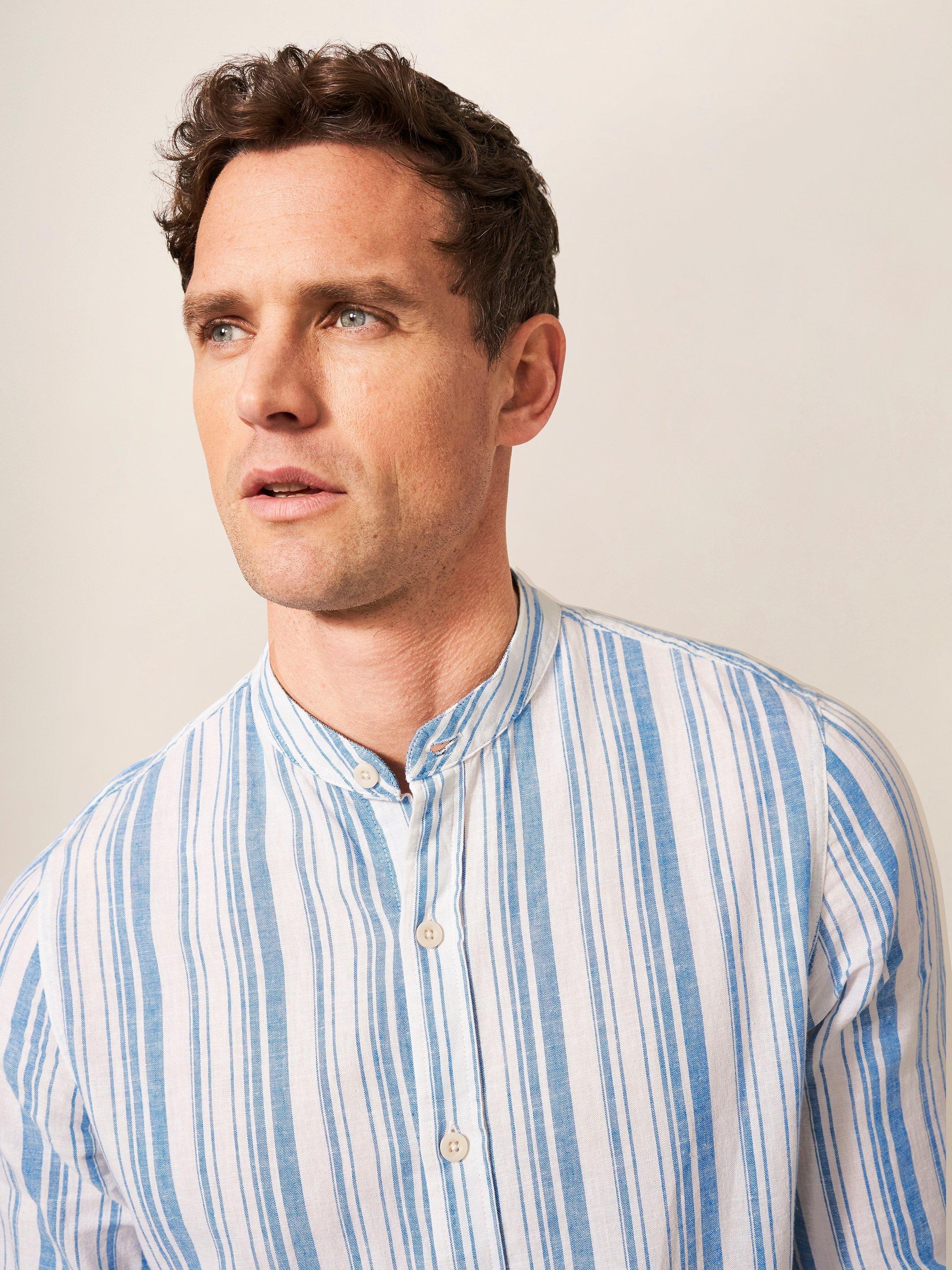 blue and white striped grandad shirt