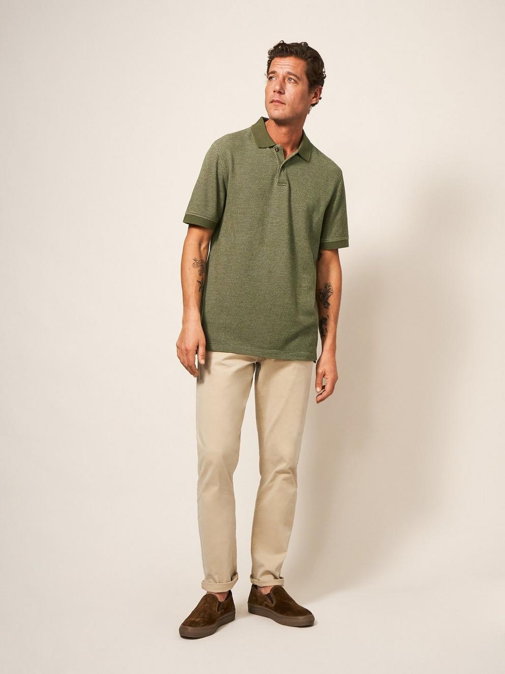 Micro Dot Polo in KHAKI GRN - MODEL FRONT