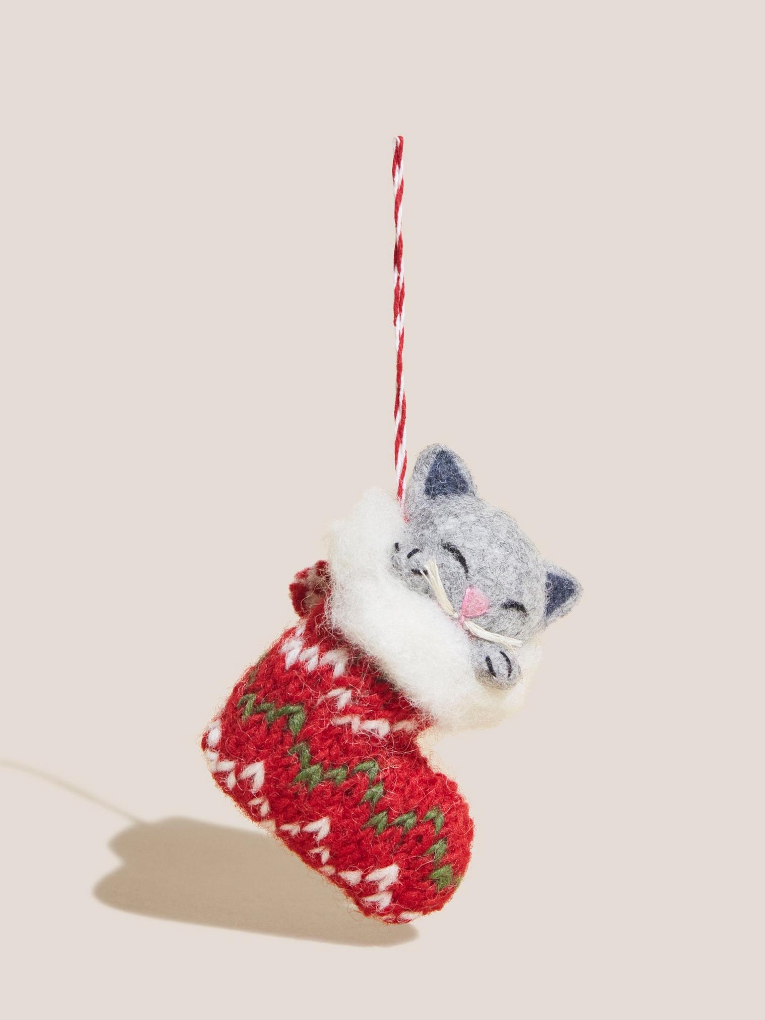 Cat Stocking Decoration in RED MLT - FLAT FRONT