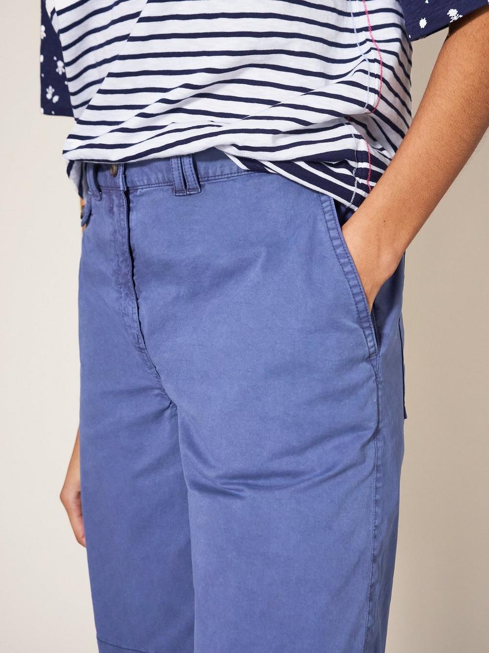 Hayley Organic Chino Shorts in MID BLUE - MODEL DETAIL