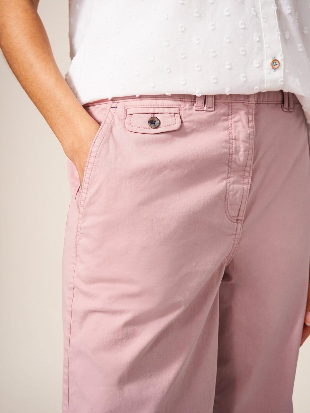 Hayley Organic Chino Shorts in MID PINK - MODEL DETAIL