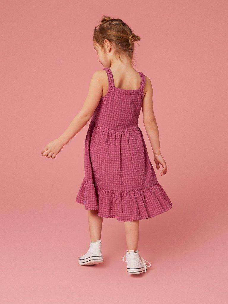 Gingham Seersucker Dress in BRT PINK - MODEL BACK