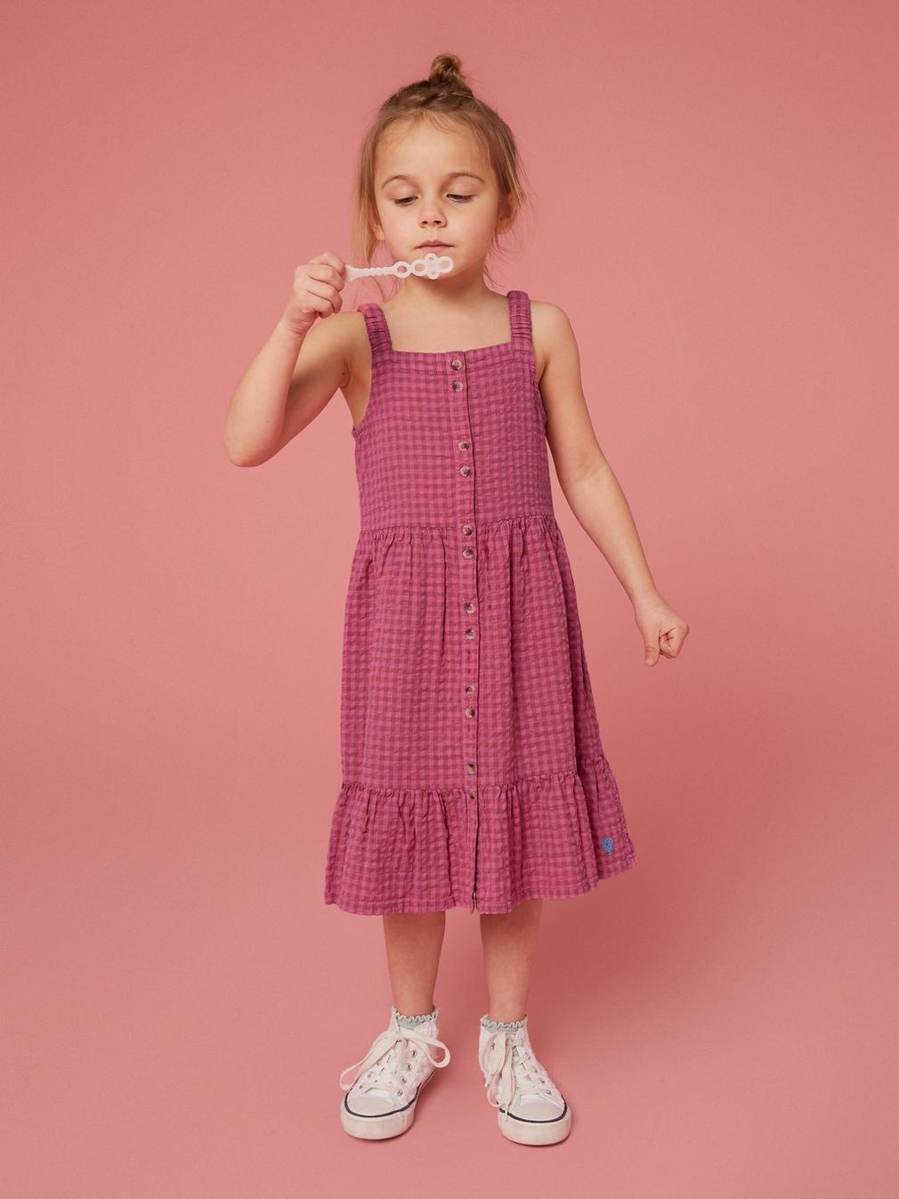 Gingham Seersucker Dress in BRT PINK - MODEL FRONT