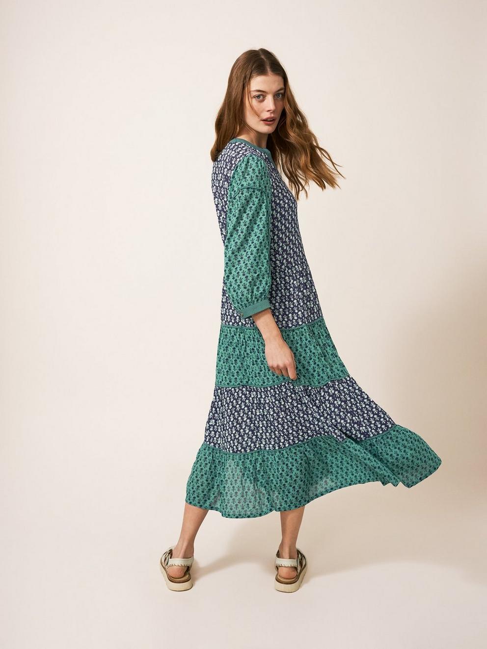 Mabel Mixed Print Dress in TEAL MLT - MODEL BACK