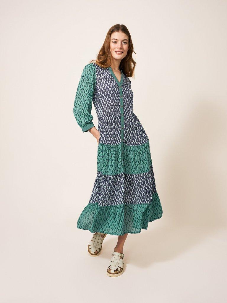 Mabel Mixed Print Dress in TEAL MLT - MODEL FRONT