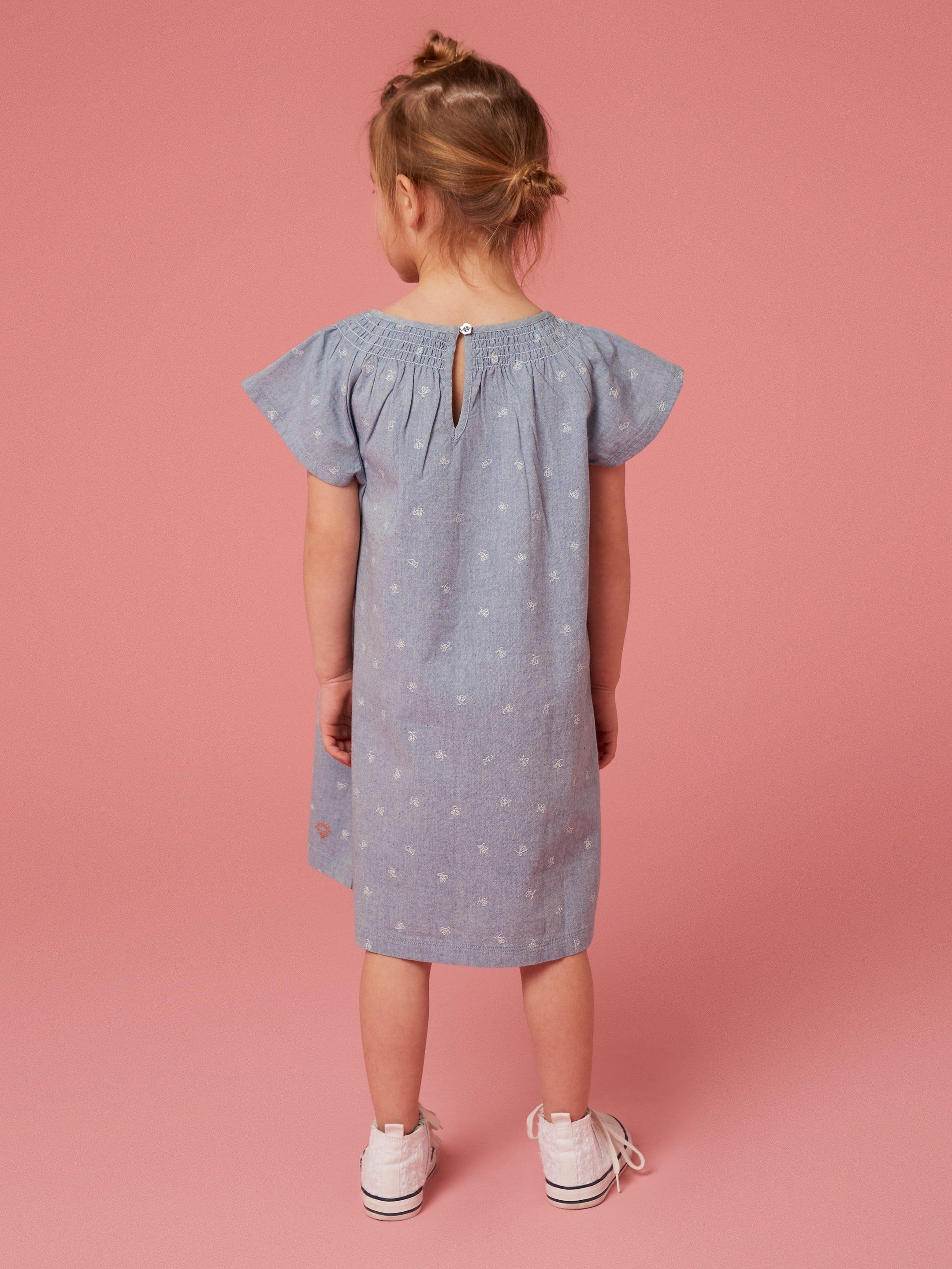 Chambray Frill Dress in CHAMB BLUE - MODEL BACK