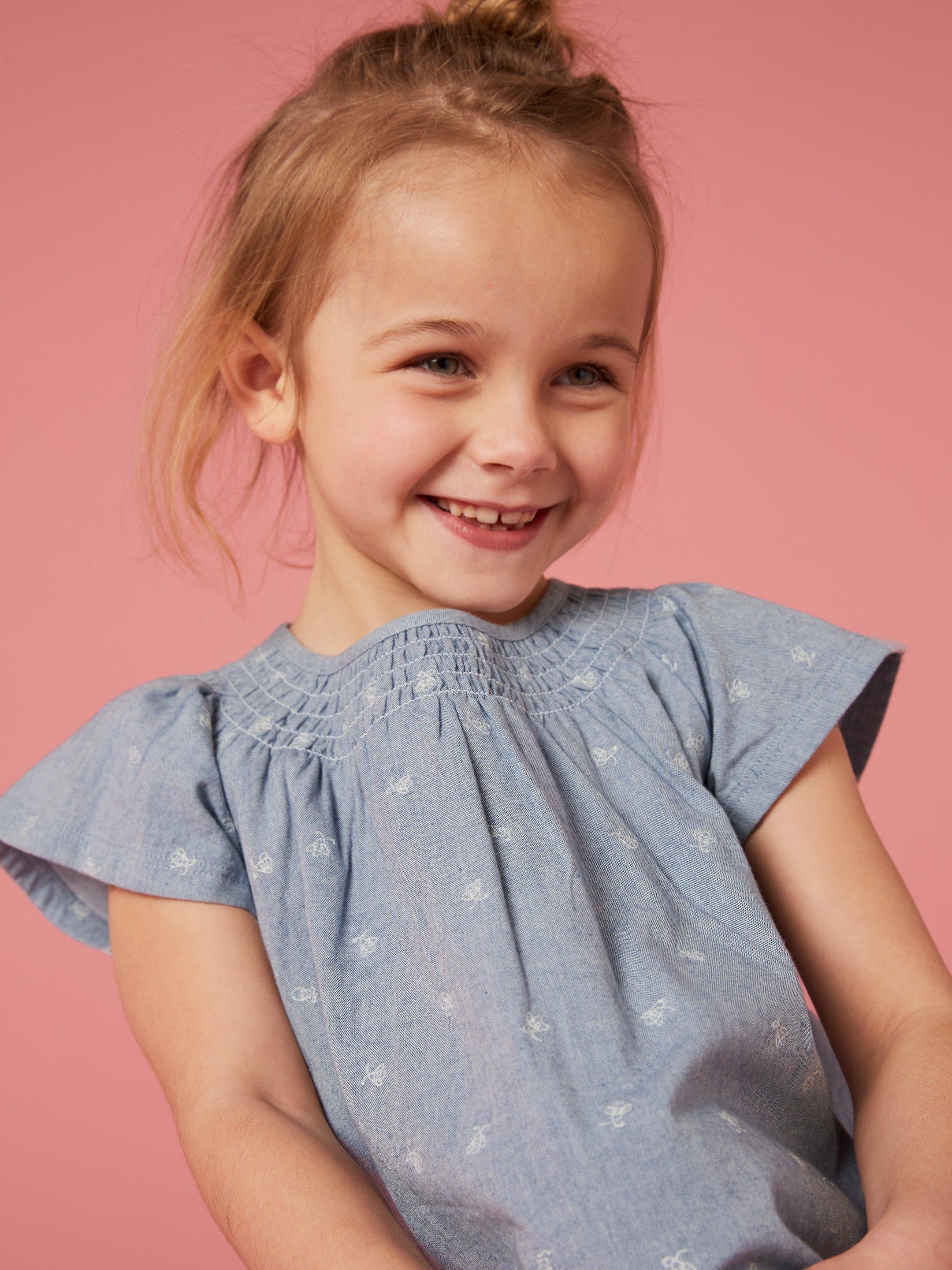 Chambray Frill Dress in CHAMB BLUE - MODEL DETAIL